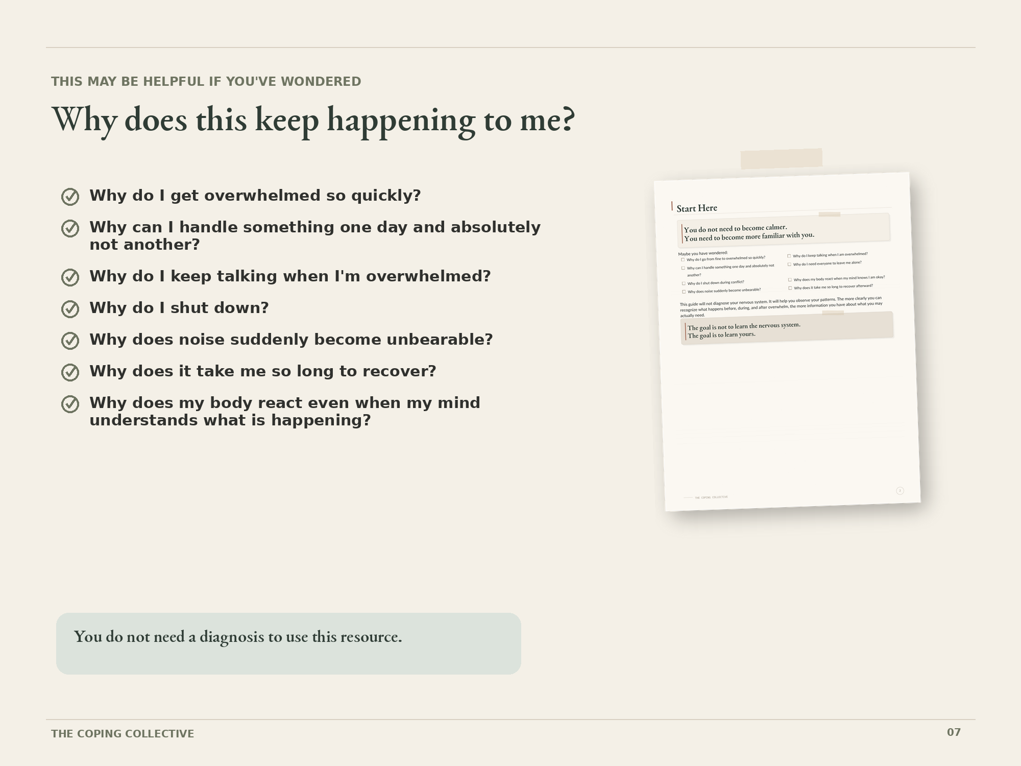 Questions the resource may help explore, including overwhelm, shutdown, and recovery